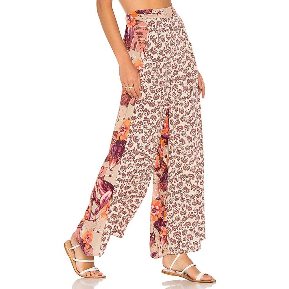 Free People Floral Wide-Leg Pants in Beige, Pink and Orange - Picture 3 of 13